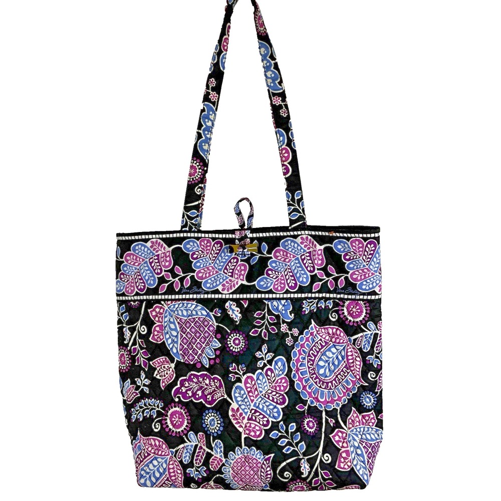 Vera Bradley Black Floral Tote Handbag Checkered Inside Floral Toggle‎ Closure